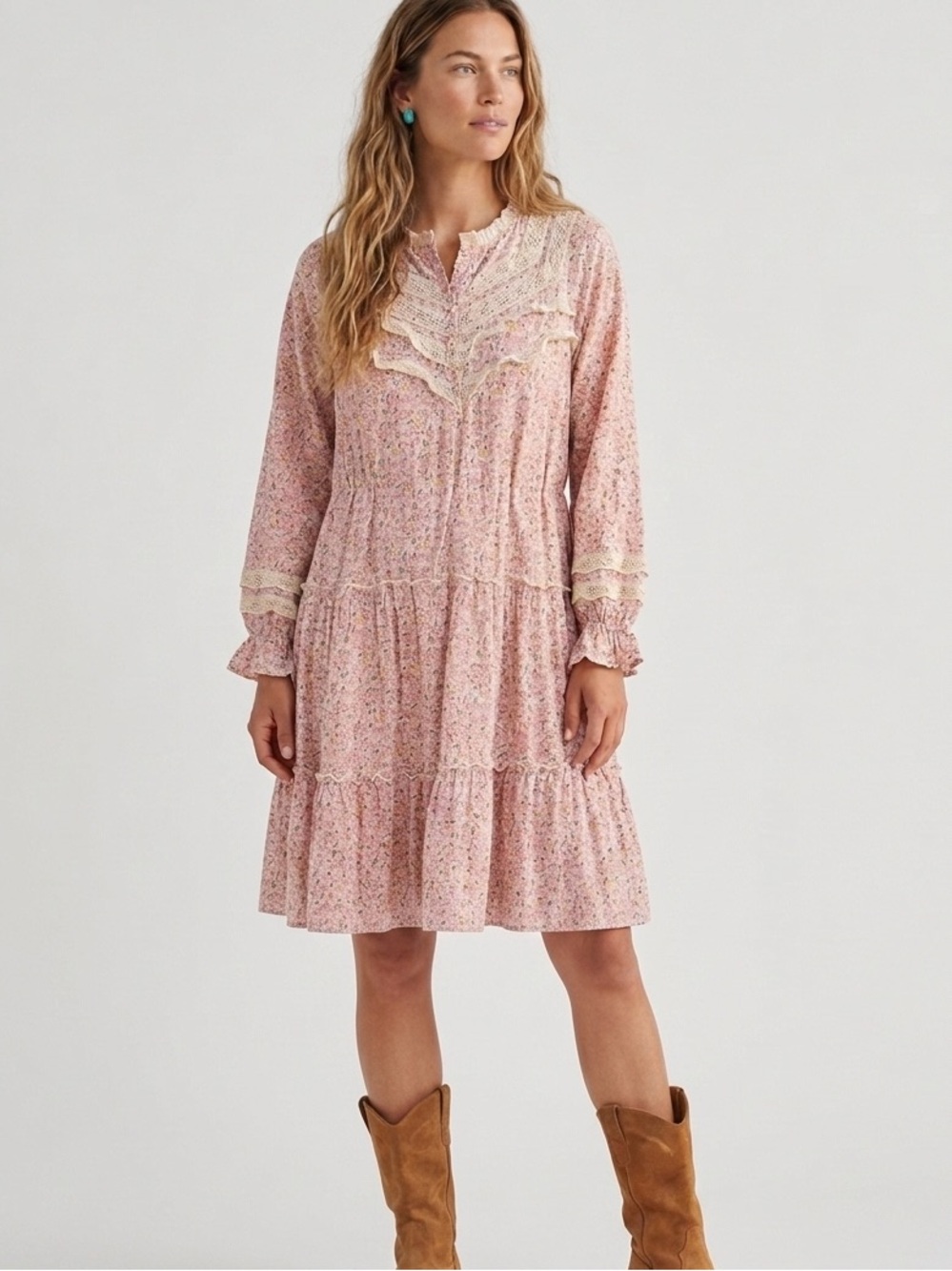Sundance size L Pink Floral Lace-Trim Babydoll tiered dress Cottagecore boho